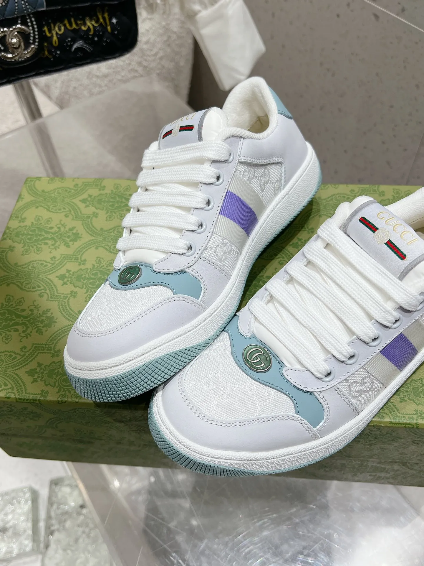 👟👟Ex-factory price 480👟👟 Women's shoes, women's clothing, long-term availability, Gucci Gucci, new Screener series, couple's style, chubby shoes, bread shoes, dirty shoes, chubby shoes, double G, casual sneakers, original purchase, development, original purchase, development, delivery counter exquisite packaging, fabric: original imported cowhide + double G fabric, lining: original customized breathable towel velvet lining Sole: original molded T👟👟factory price U outsole Size: women's 35-40 / men's 39-45 (women's 34 and men's 38 can be customized)